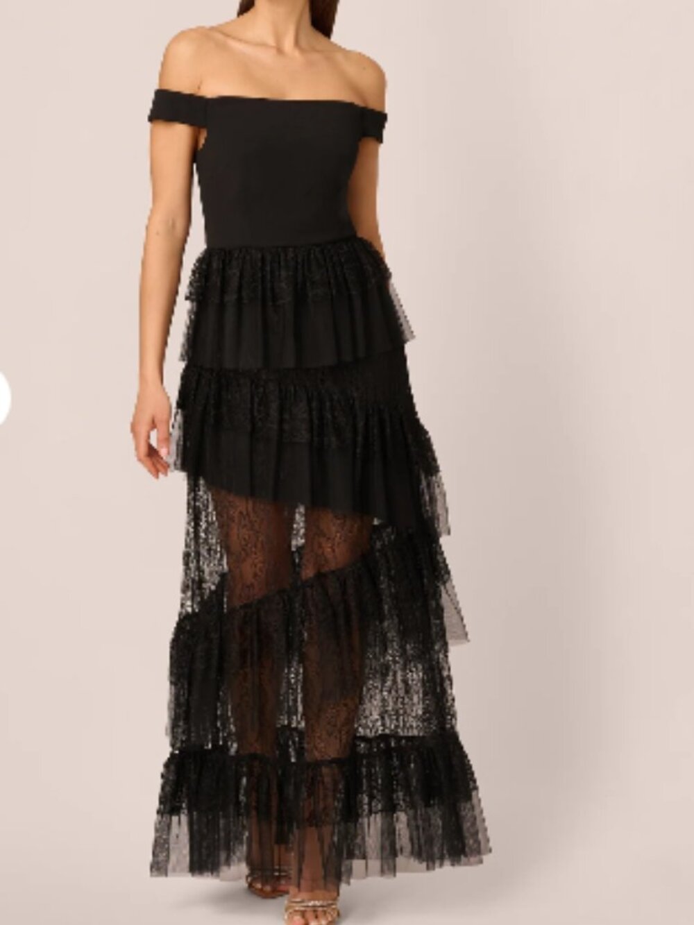 NWOT - Adrianna Papell Off Shoulder Lace Ruffle Combo Gown in Black - Size 8